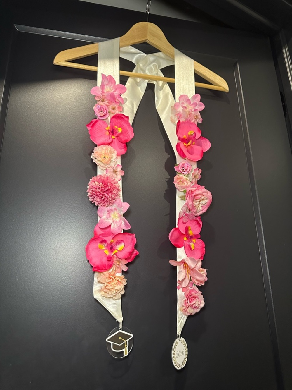 Pink Floral Graduation 2026 Stole with Satin Ribbon senior graduate degree